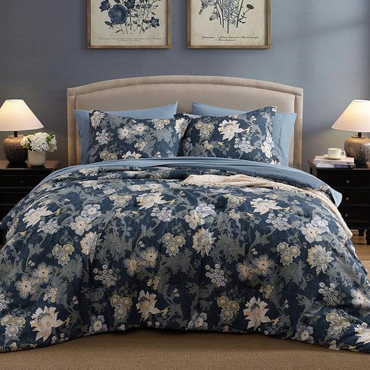 Full Comforter Set -7 Pieces Floral Navy Blue Comforter Set for All Seasons, Bed in a Bag Full with Botanical Flowers Comforter, Sheets, Pillowcases & Shams