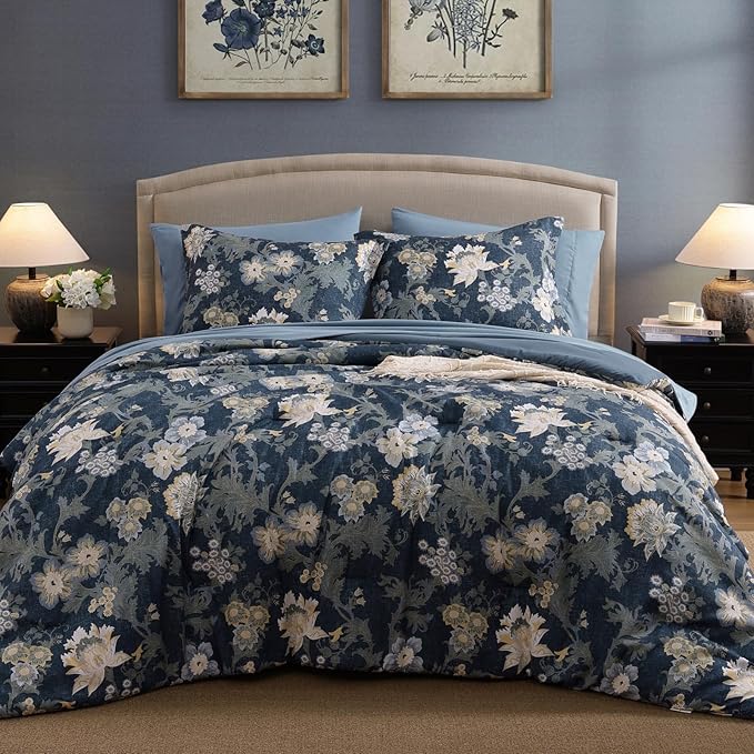 King Comforter Set -7 Pieces Floral Navy Blue Comforter Set for All Seasons, Bed in a Bag King with Botanical Flowers Comforter, Sheets, Pillowcases & Shams