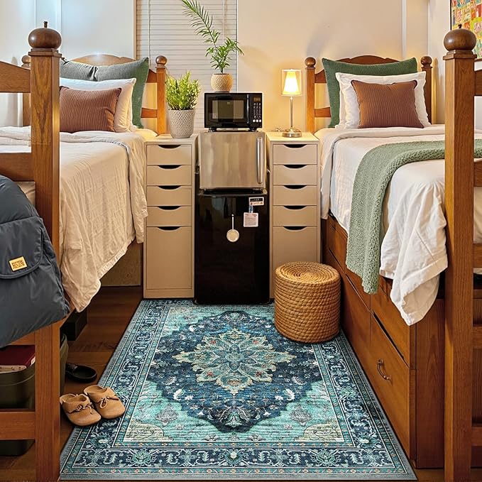 Area Rugs 5'x7' Washable Non-Slip, Floral Vintage Distress Print Pattern Medallion Carpet for Living Room Bedroom Dining Room, Teal Green Lake Blue Turquoise