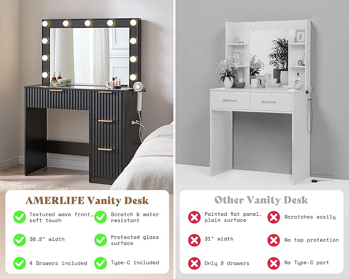 AMERLIFE 36.2" Fluted Vanity Desk with Large Mirror and Adjustable LED Lights, 4 Drawers Makeup Table with Glass Top and Charging Station for Women and Girls, Bedroom or Dorm, Black