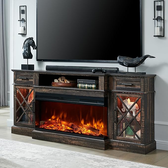 OKD 3-Sided Glass Farmhouse Fireplace TV Stand for TVs up to 80'', Highboy Entertainment Center with Glass Door Storage Cabinet, 70'' Large TV Stands with 36'' Electric Fireplace, Dark Rustic Oak