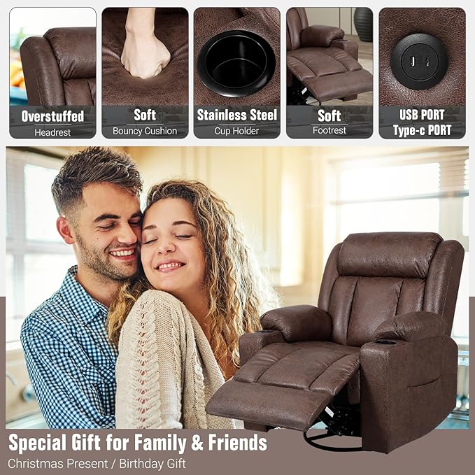 LEVELEVE Retro Rocking Recliner Chair, Massage Rocker Recliner Chair with Vibration Massage and Heat, USB and Type-C Ports,360° Swivel Chairs,Living Room, Bedroom, Nursery, RV, Brown