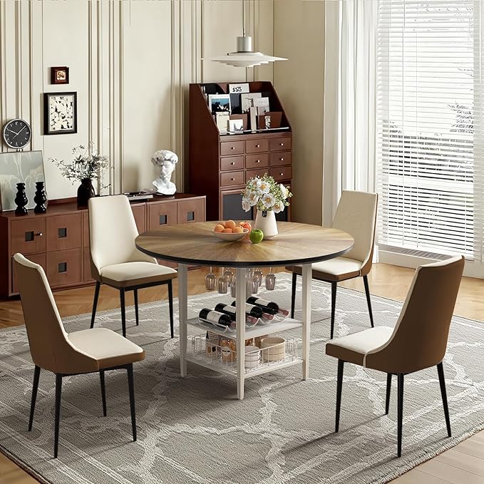 VFK 47'' Round Dining Table Set for 4-6, Farmhouse Kitchen Table with 4 Chairs & Storage Rack, Rustic Wood Dining Set with Sturdy Metal Base for Dining Room & Living Room