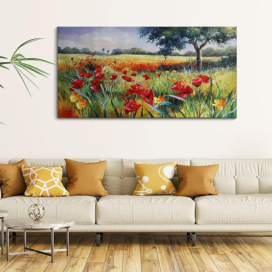 Wall Decor for Living Room Large Wall Art Green Trees Red Yellow Flowers Canvas Art Wall Decor for Bedroom Modern Home Decor Framed, Nature Prints Artwork Wall Decorations 24x48