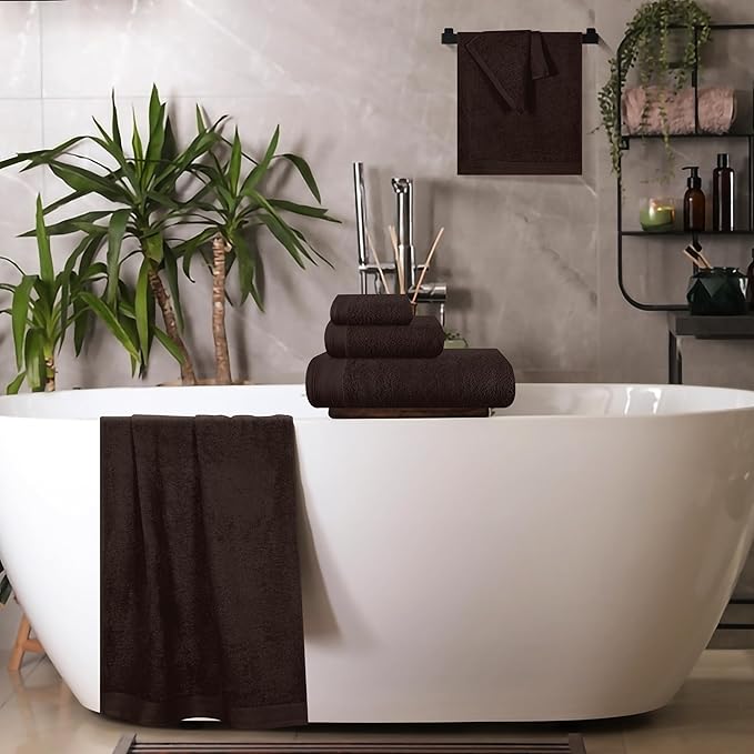 Ultra Soft 6 Pack Cotton Towel Set, Contains 2 Bath Towels 28x55 inch, 2 Hand Towels 16x24 inch & 2 Wash Coths 12x12 inch, Ideal Everyday use, Compact & Lightweight - Chocolate Brown