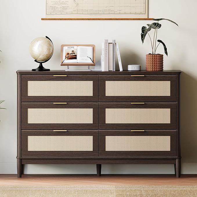LINSY HOME Rattan Dresser for Bedroom with 6 Drawers, 47" Wide Chest of Drawers, Mid Century Modern Dresser TV Stand with Metal Handle, Wood Closet Storage Cabinet for Living Room, Hallway, Walnut