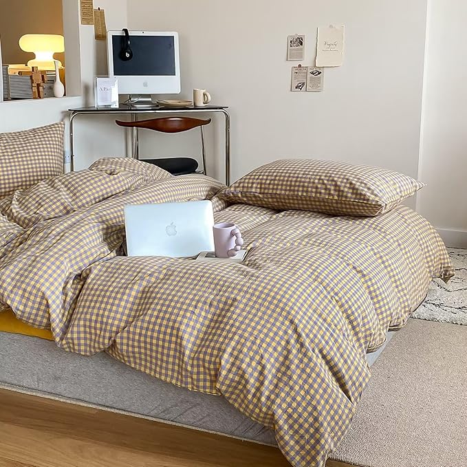mixinni Yellow/Purple Gingham Comforter Set Queen, Plaid Comforter Set 3 Pieces 1 Vintage Grid Comfoter with 2 Pillow Cases for All Seasons, Soft Fluffy Modern Grid Pattern Printed Bedding-Queen Size