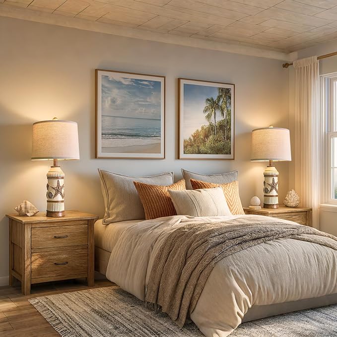 OYEARS 24" Table Lamps Set of 2,Boho Table Lamps for Living Room,Bedside Lamp for Nightstands,Coastal Nautical Lamp with Starfish Conch Pattern for Decor, End Table, Vintage Retro Beach, Off White