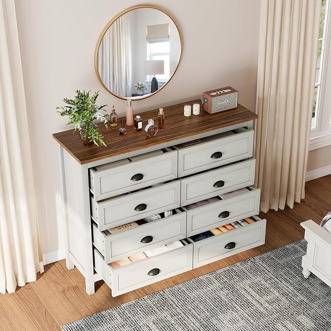 8 Drawer Dresser, Farmhouse Tall Dresser for Bedroom, Antique White Chest of Drawers, Modern Double Dressers for Bedroom, Closet