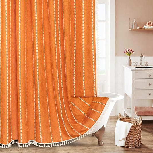 MitoVilla Boho Extra Long Shower Curtain 72 x 84, Orange 84 inch XL Polyester Linen Tassel Fabric Shower Curtain Set with Hooks for Vintage Country Farmhouse Bathroom Decor, Thick & Wrinkle Resistant