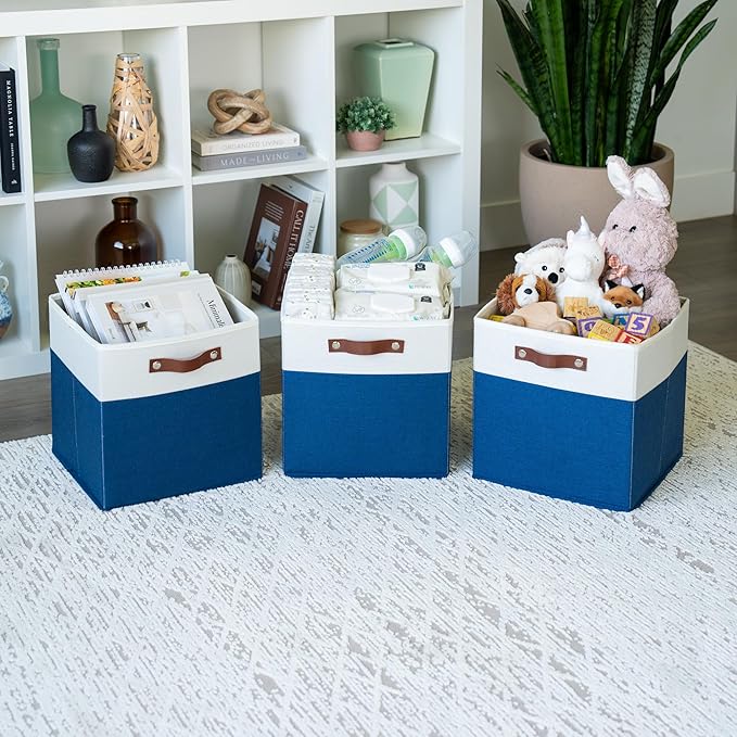 OrganiHaus 12x12 Fabric Storage Bins - Set of 4, Cube Fabric Organizer Bins with Vegan Handles, Kallax Storage Cubes, Cubbies Organizer Boxes, 12Inch Cubic Baskets for Shelves - Navy Blue
