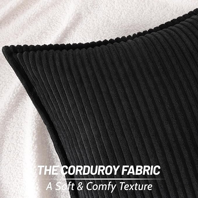 Mecatny Corduroy Throw Pillow Covers 18x18 Set of 2, Neutral Decorative Soft Boho Couch Pillow Covers with Broadside for Sofa Living Room, Black