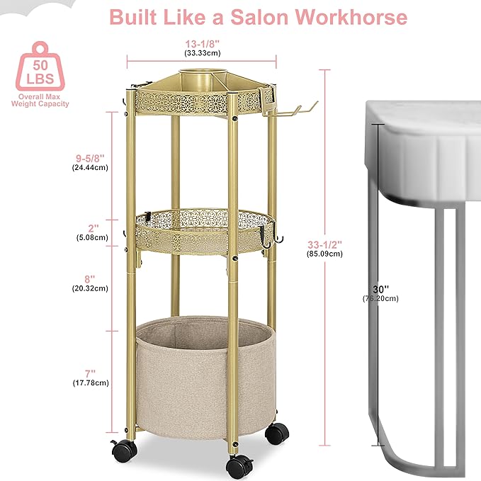 3-Tier Rolling Makeup Organizer Cart with Hair Dryer Holder - Salon-Grade Cosmetic Organizer, Mobile Bathroom Storage Cart for Skincare, Makeup Essentials -Locking Wheels (Gold Finish)