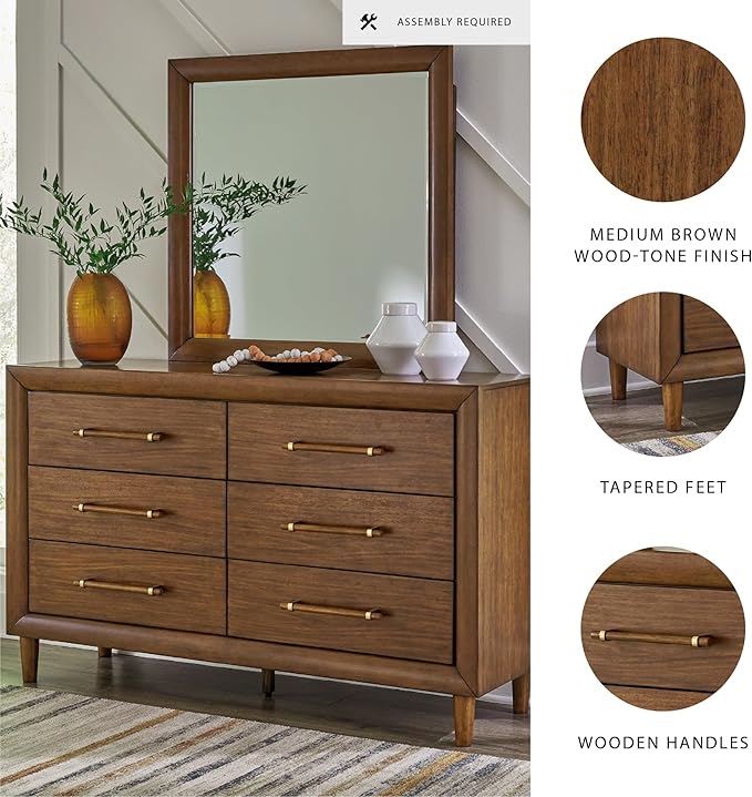 Signature Design by Ashley Lyncott Mid-Century Modern 6-Drawer Dresser and Mirror with Safety Stop and Felt-Lined Top Drawer, Light Brown