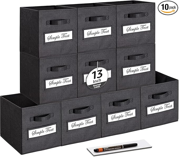 artsdi 13x13x13 storage cube bins (Set of 10) Fabric storage cubes with 10 Labels Window Cards & a Pen, storage cubes 13x13, Collapsible 13 inch cube storage bins, Cubby Organizer Boxes, Black