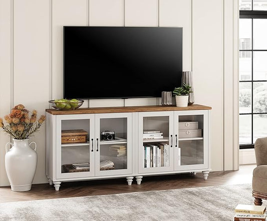 WAMPAT Farmhouse TV Stand for 75 inch TV with 4 Glass Doors, Wood TV Stand with 4 Storage Cabinets, White Entertainment Center TV Console Table for Living Room, Bedroom