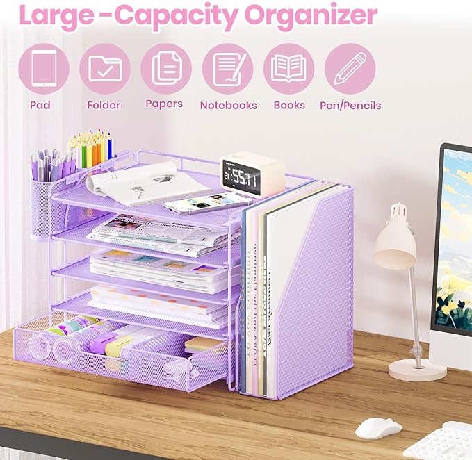 Desk Organizers and Accessories with File Holder, 5-Tier Office Desk Accessories & Workspace Desktop Organizer with Drawer and 2 Pen Holder, File Paper Organizer for Office Supplies(Purple)