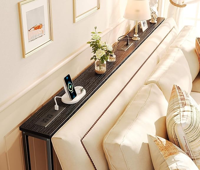 SUPERJARE 5.9 Inch Narrow Console Table with Outlet, Sofa Table Set of 2, Total Length 78'', Behind Couch Table, Long Entryway Tables with Charging Station, for Living Room, Hallway, Black