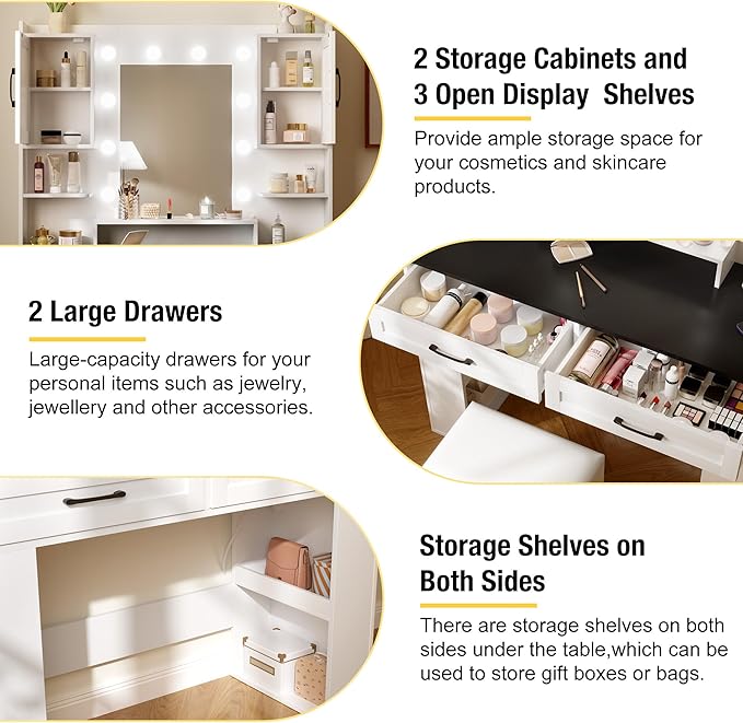 KAMABOKO Farmhouse Vanity Desk with Mirror and Lights, Large Makeup Vanity Table with 2 Drawers, Clear Glass Display Cabinet and Upholstered Storage Stool, Girls Vanity for Bedroom (037-Black)