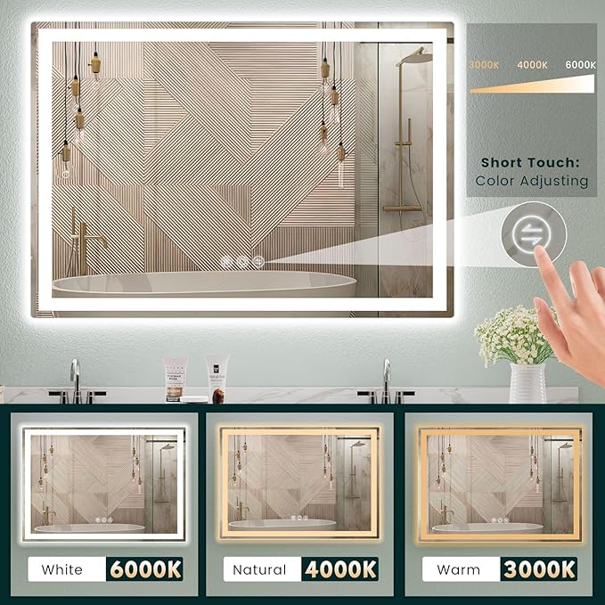 LED Mirror for Bathroom 36"x 48" with Frontlit and Backlit, Anti-Fog Mirror with Lights, Stepless 3 Colors Temperature & Dimmable Bathroom Mirror