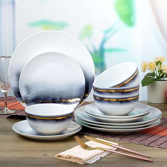 “Lazuli” 12-Piece Porcelain Dinnerware Set, Service for 4, Blue and Gold
