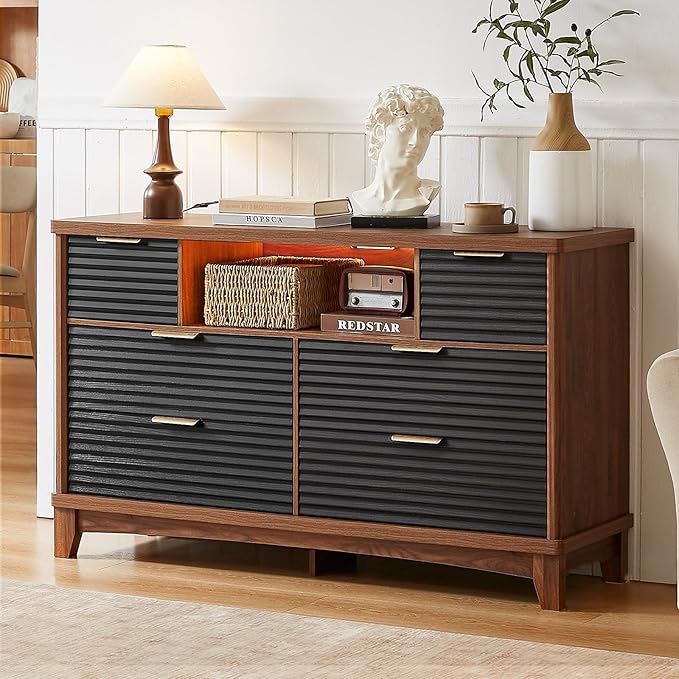 AOGLLATI Black Dresser for Bedroom with Slanted Louvre Design,Retro Chest of Drawers with Charging Station, Wooden Wide Led 6 Drawer Dresser for Bedroom,Living Room, Hallway, Black & Brown