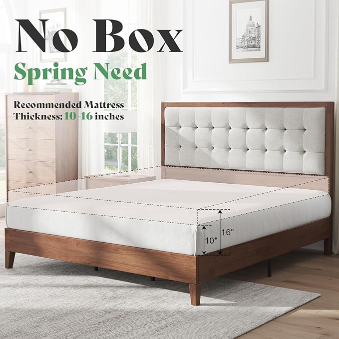 AMERLIFE King Size Solid Wood Bed Frame with Tufted Headboard, Mid-Century Style, No Box Spring Required, Easy Assembly, Walnut