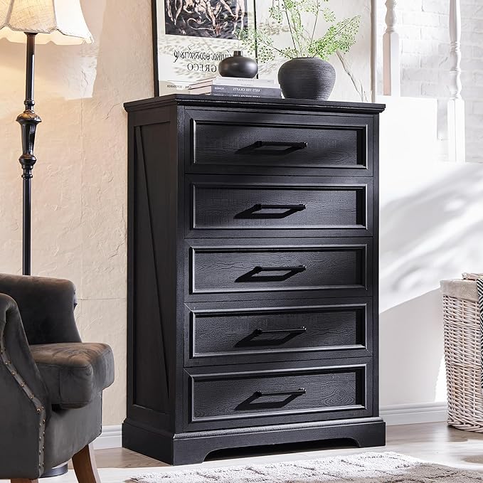 Farmhouse 5 Drawers Dresser Chests for Bedroom,46" Tall Wood Rustic Chest of Drawers with Wide Metal Handle,Natural Texture,Drawer Organizer for Bedroom,Living Room,Hallway and Entryway,Black