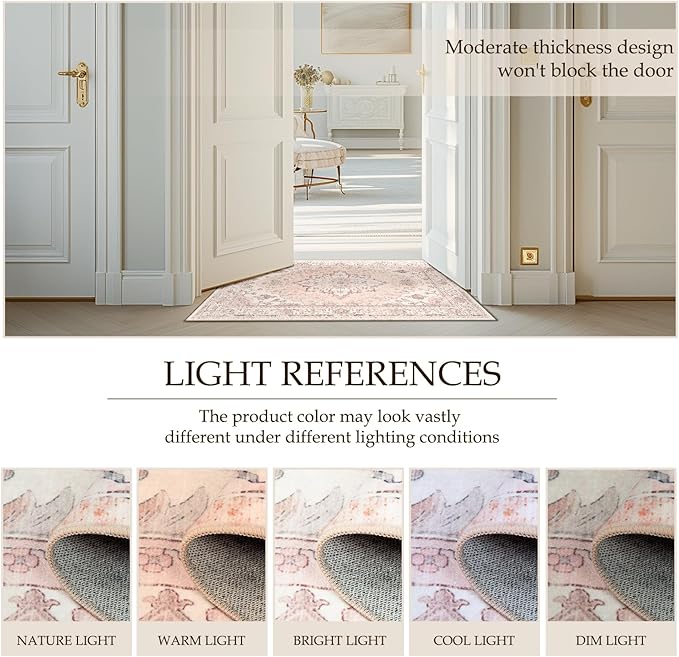 Area Rugs 6ft Washable Non-Slip, Floral Vintage Distress Print Pattern Medallion Carpet for Living Room Bedroom Dining Room, Pink Greypink Cute