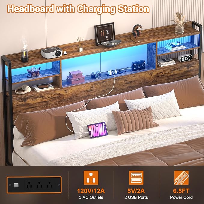 Aheaplus Headboard for King Size Bed with Storage, Headboards with LED Light, Power Outlets, USB Ports King Size Head Board, Wood headboard Only Sturdy and Stable Headboards, Modern, Rustic Brown