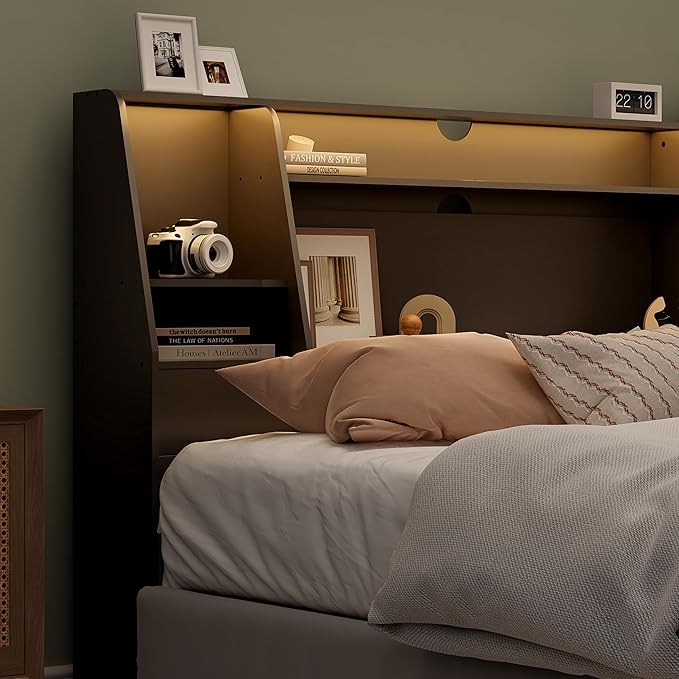 Queen/Full Headboard Only for Queen Bed, Wood Bookcase Head Board with Charging Station & 2 LED Lights, Stylish Noise-Free with Ample Storage for Bedroom, Height Adjustable, Black
