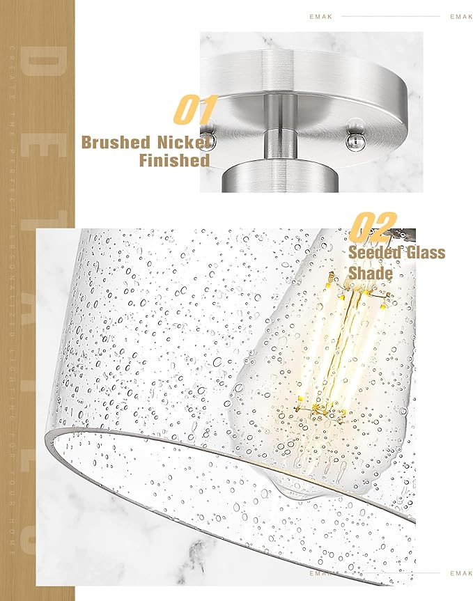 Emak Modern 8 Inch Ceiling Light Fixtures, Brushed Nickel Semi Flush Mount Ceiling Light with Seeded Glass Shade, Flush Mount Light Fixture for Bathroom, Bedroom, Kitchen, Hallway, FM122-BN-SG