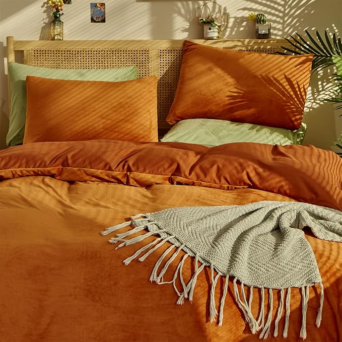 Luxlovery Burnt Orange Fluffy Comforter Cal King Rust Caramel Velvet Bedding Comforter Sets Flannel Winter Sherpa Micromink Blanket Quilts Warm Comfy Soft Bedding Comforter Set