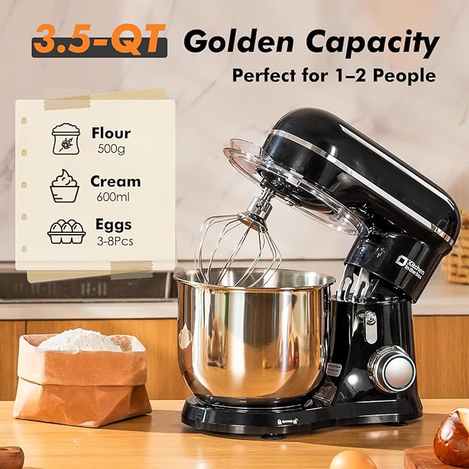 Kitchen in the Box Stand Mixer, 3.5 QT Small Electric Kitchen Mixer, 10-Speed Portable Lightweight Food Mixer with Stainless Steel Bowl, Egg Whisk, Dough Hook, Beater (Black)