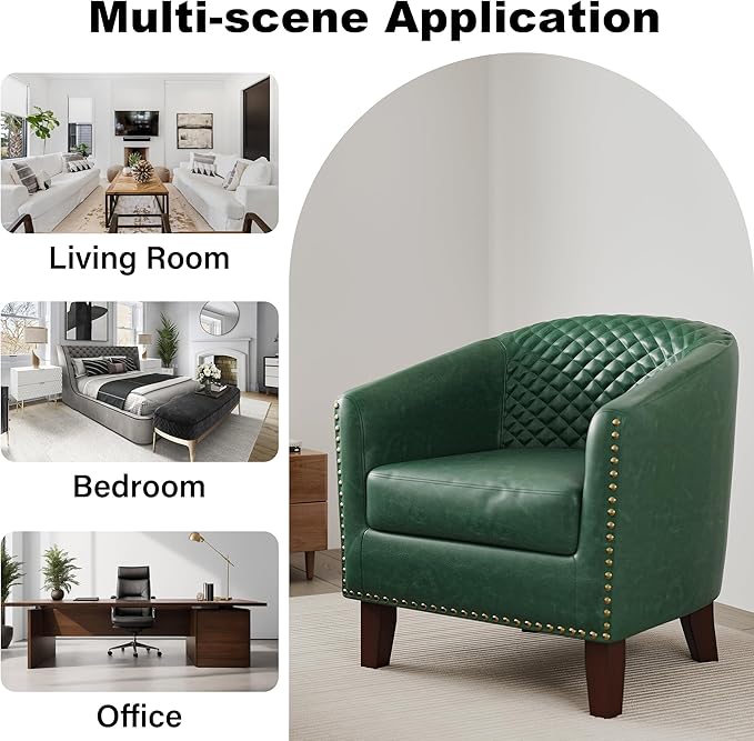 Accent Barrel Chair, Upholstered Faux Leather Club Chair with Nailed Trim, Comfy Reading Armchair for Living Room Bedroom Reception Room Office (Dark Green, Set of 2)