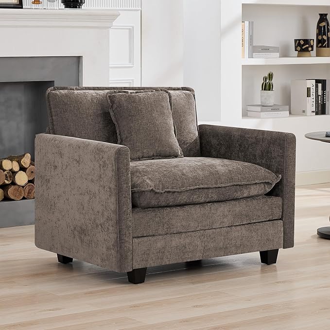 41'' Modern Chenille Oversized Chair, Upholstered Accent Living Room Chair with Extra Thicked Deep Seat, Single Lounge Chair for Bedroom, Small Apartment, Brown