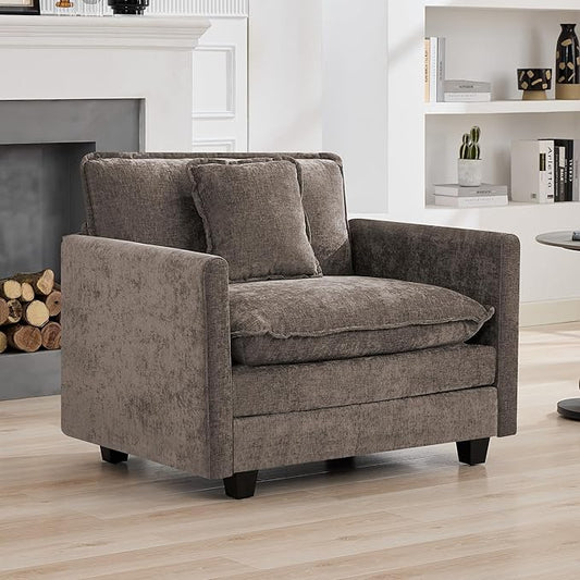 41'' Modern Chenille Oversized Chair, Upholstered Accent Living Room Chair with Extra Thicked Deep Seat, Single Lounge Chair for Bedroom, Small Apartment, Brown
