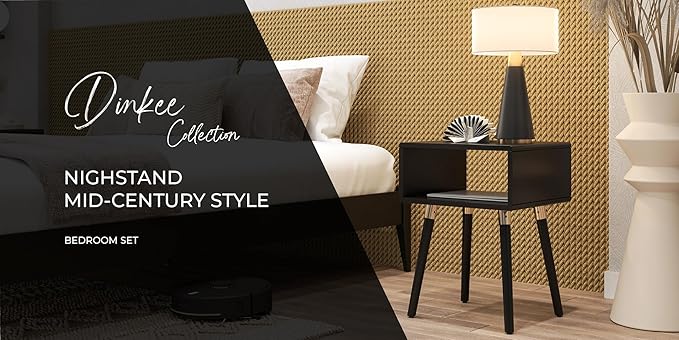 Bme Dinkee Solid Wood Nightstand, Fully Assembled, Without Drawer for Mid Century Bedroom and Living Room, Black
