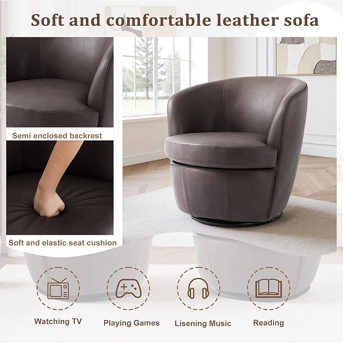 Swivel Barrel Chair, Modern Round PU Leather Accent Armchair for Living Room, Bedroom, Comfy Club Reading Chairs for Adults (Leather Chocolate, Set of 1)