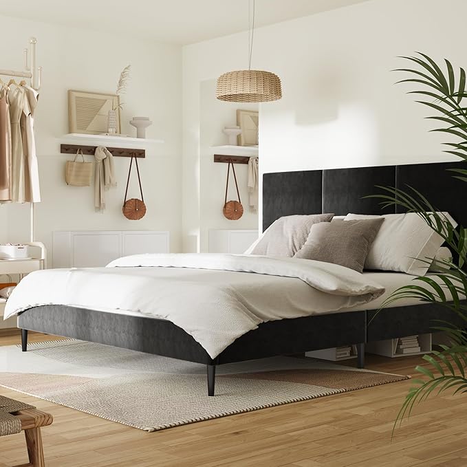 King Bed Frame with Headboard, Vertical Channel Tufted Heavy Duty King Size Bed Frame, No Box Spring Needed, Easy Assembly, Platform Bed Frame with Headboard, Black