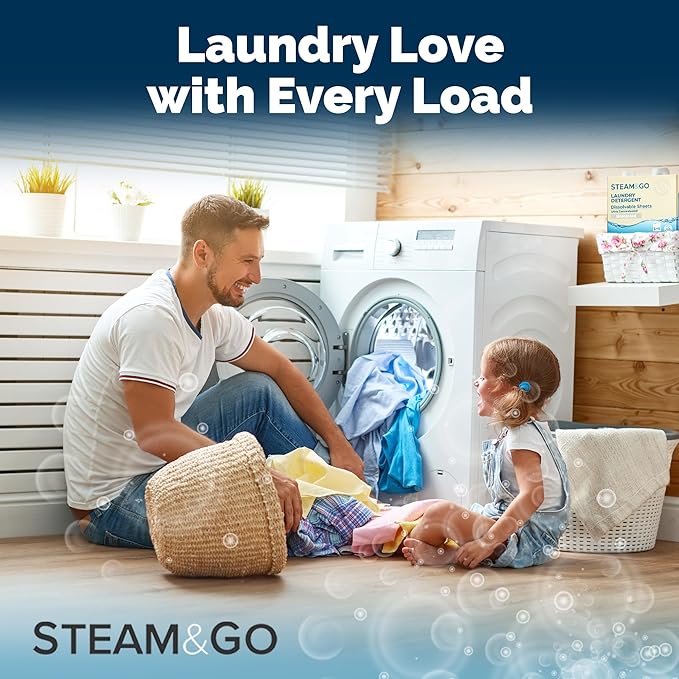 Steam and Go Laundry Detergent Sheets – 3in1 Dissolvable Sheets with Deep Cleaning, Fragrance-Free, & Hygienic Purifying Action – Hypoallergenic, Vegan & Cruelty-Free - Unscented – 30 Ct