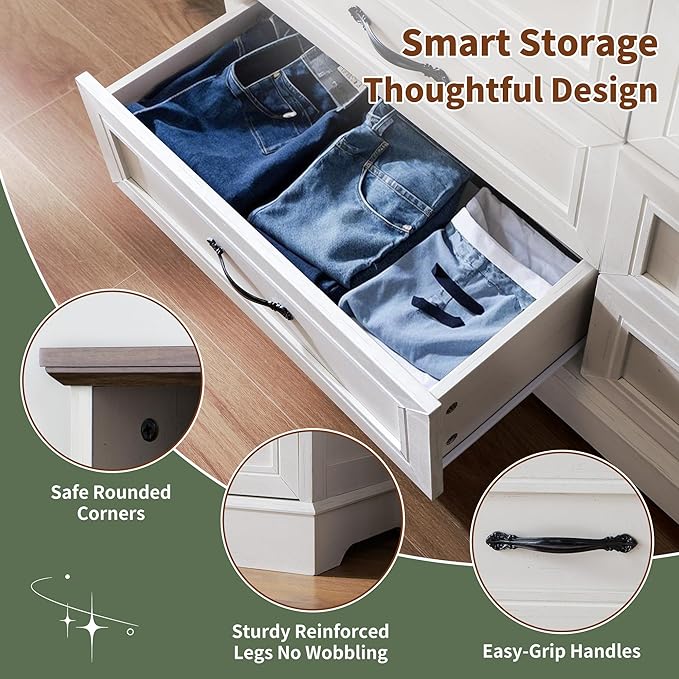 Vintage White Dresser for Bedroom,6 Drawers Dresser with LED Light,Power Outlets and Open Shelves,Chests of Drawers for 65 inch TV, for Hallway, Entryway