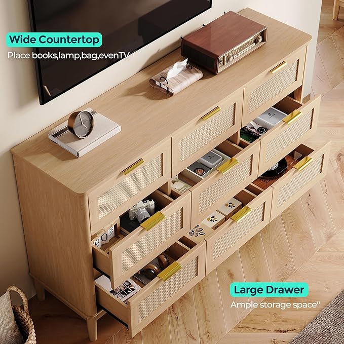 LINSY HOME Rattan Dresser for Bedroom with 9 Drawers, 58" Wide Chest of Drawers, Mid Century Modern Dresser TV Stand with Metal Handle, Wood Closet Storage Cabinet for Living Room, Hallway, Oak