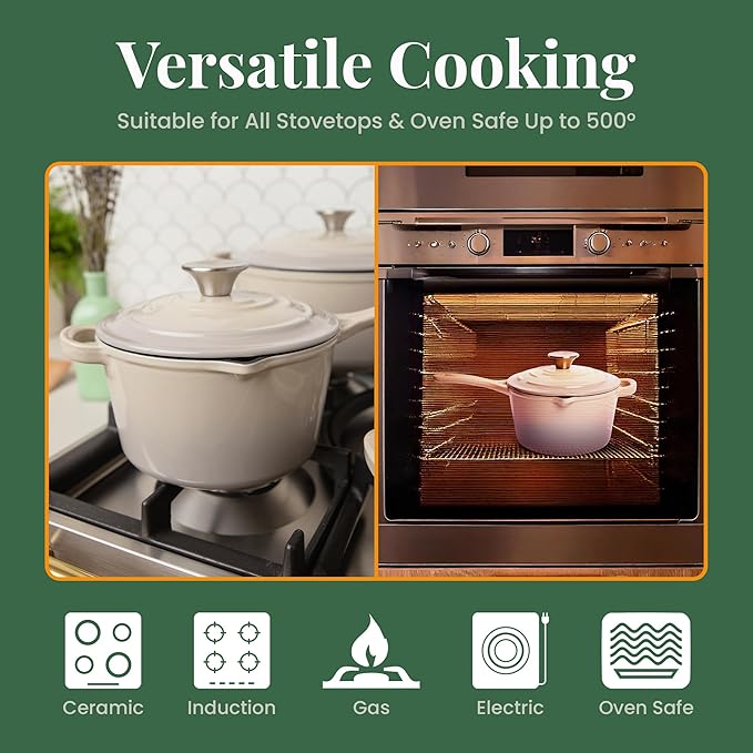 Larder & Vine Enameled Cast Iron Saucepan | 2.2 qt Sauce Pan with Lid | Saucepan with Pour Spouts | Enameled Cast Iron Pot Compatible on All Cooktops & Oven Safe to 500° F | Stone