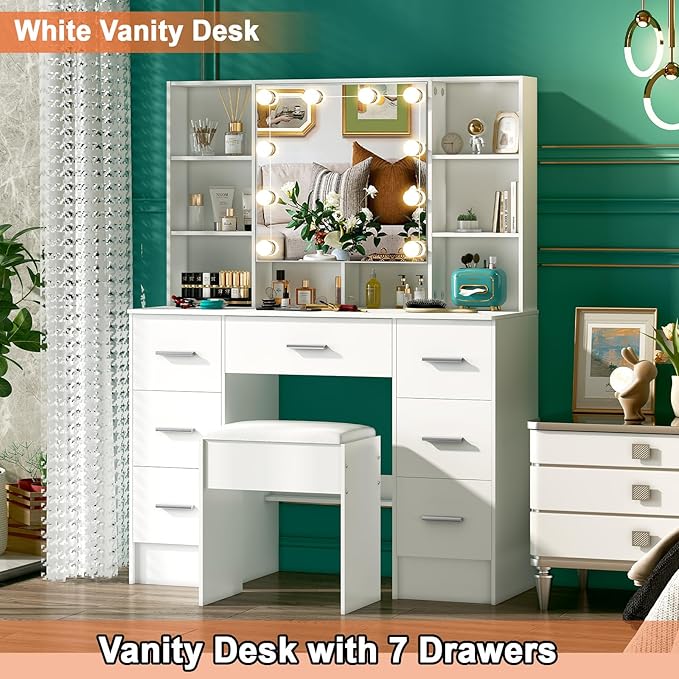 White Vanity Desk with Mirror and Lights, 3 Color and Brightness Adjustable Makeup Flip Mirror with Lights, Bedroom Dressing Table Vanity Stool Set and 7 Storage Drawers & 9 Shelves