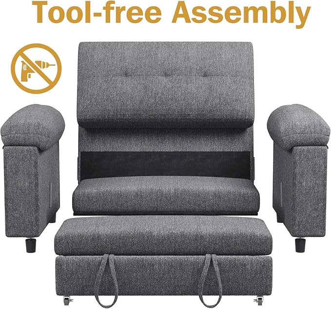 Vipbear 3-in-1 Chenile Convertible Sofa Bed, Pull Out Sleeper Sofa with USB Charging Station/Reclining Backrest/Side Pocket, Loveseat for Living Room, Apartment, Tool-Free Assembly, Dark Grey