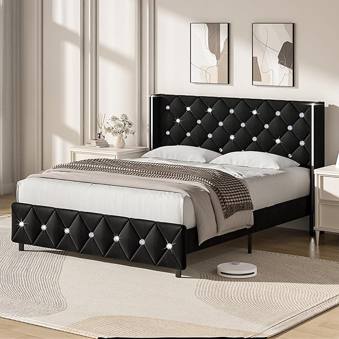 Black Velvet Bed with Diamonds Headboard, Bed Frame Full Size with Wingback, Wooden Slats Support, No Box Spring Needed, Easy Assembly, Black