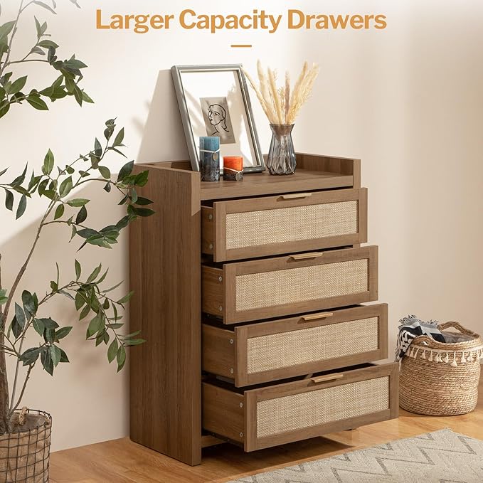 SICOTAS Dresser for Bedroom Chest of Drawers 38" Tall Dresser for Closet with 4 Rattan Drawers Boho Nightstands Set of 3 Large Clothes Storage Cabinet TV Stand for Living Room Hallway Nursery Entryway