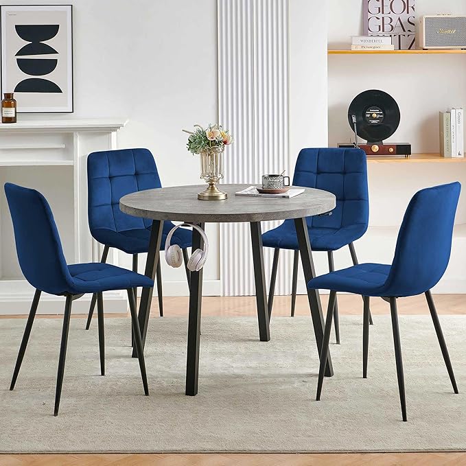 5-Piece Dining Room Table Set for 4, Round Kitchen Table Set, Grey Engineered Wood Coffee Breakfast Table with Hooks, 4 Soft Velvet Kitchen Dining Chairs, Metal Legs
