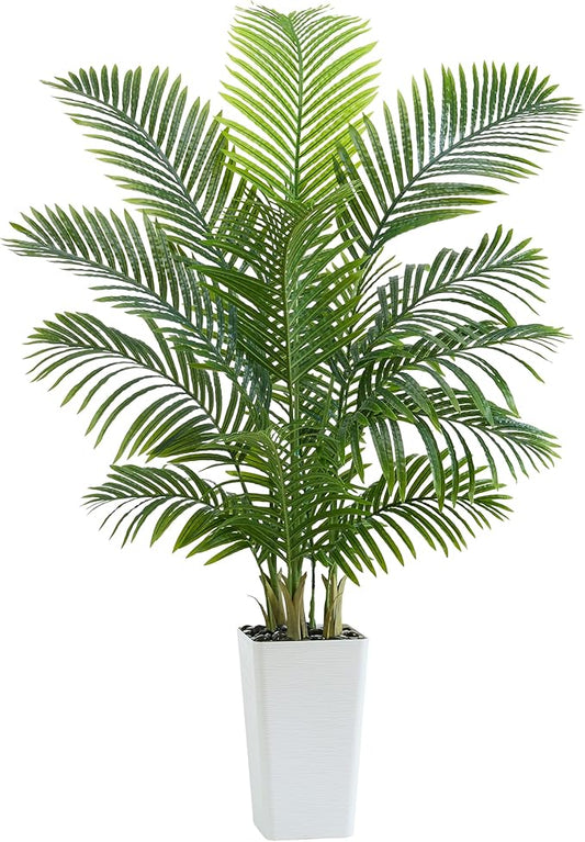 Artificial Palm Tree：5FT Tropical Fake Silk Plant UV Resistant Faux Areca Palm with White Planter & Black Pebbles for Home Office Living Room Decor Indoor Patio Porch Balcony (5FT,1-Pack,White)